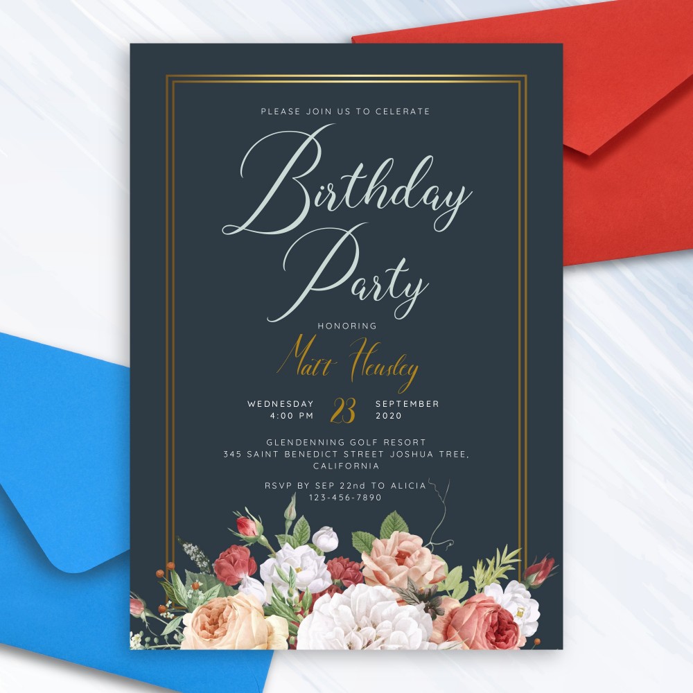 Customize and Download Elegant Floral Bouquet Black Birthday Invitation