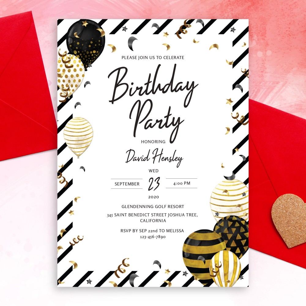 Customize and Download Black and Gold Balloons Birthday Invitation