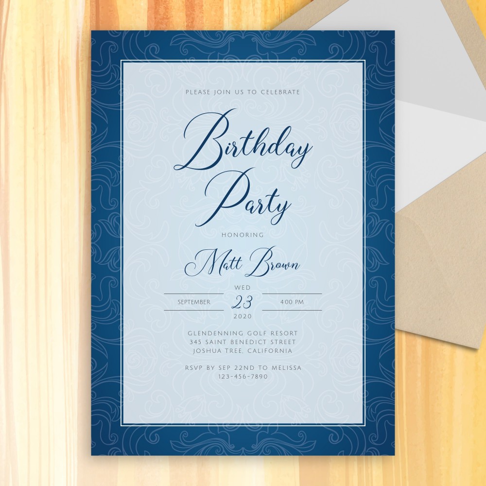 Customize and Download Blue and White Vintage Pattern Birthday Invitation