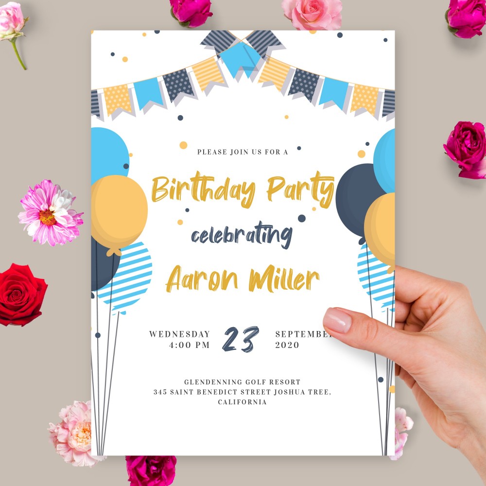 Customize and Download Blue and Yellow Balloons Birthday Invitation