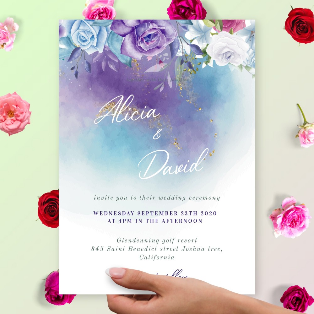 Customize and Download Blue Winter Roses Bouquet Wedding Invitation