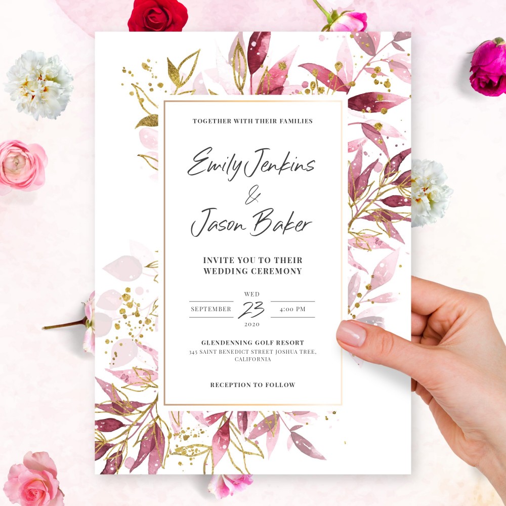 Customize and Download Burgundy and Gold Botanical Fall Wedding Invitation