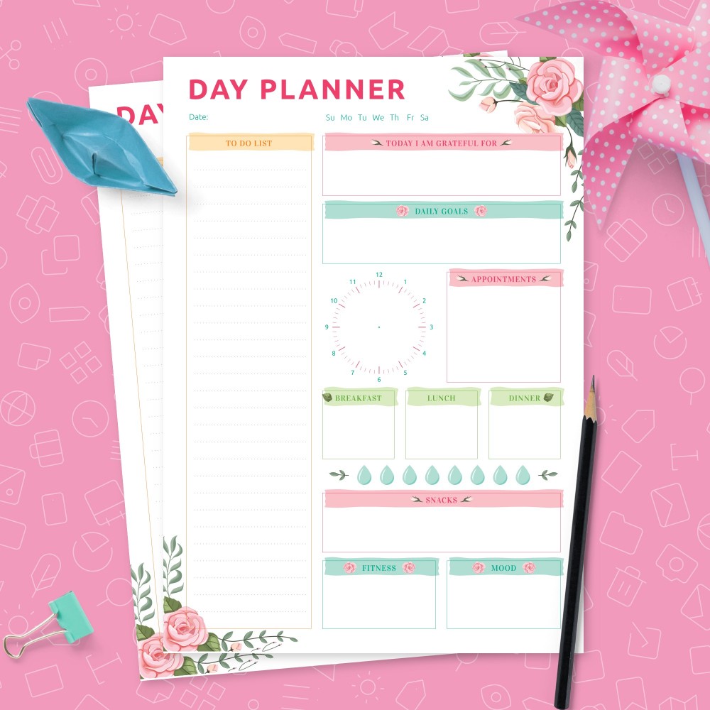 Download Printable Colored Daily Planner with To Do List and Meal Plan Template