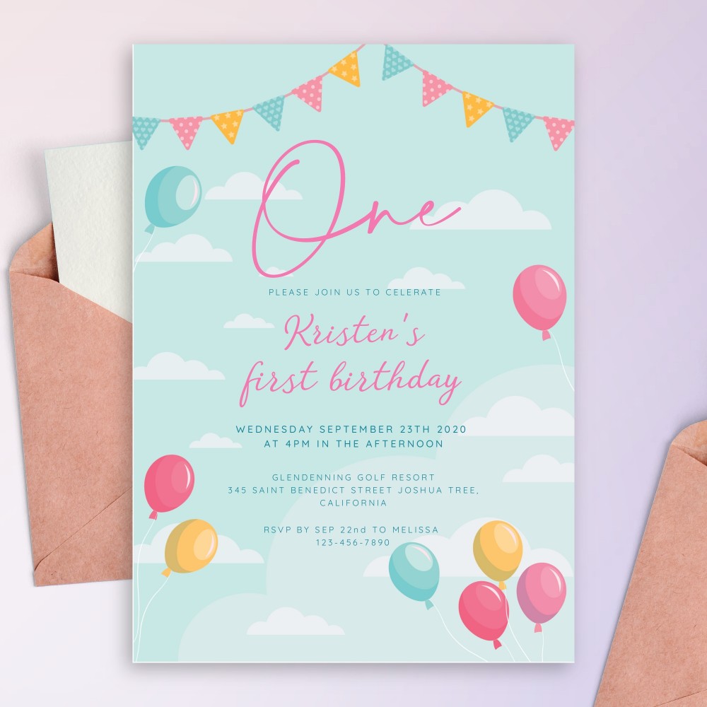 Customize and Download Colored Flag Garland Baby 1st Birthday Invitation