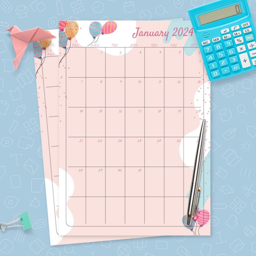 Download Printable Colorful Balloons Pink Birthday Calendar Template