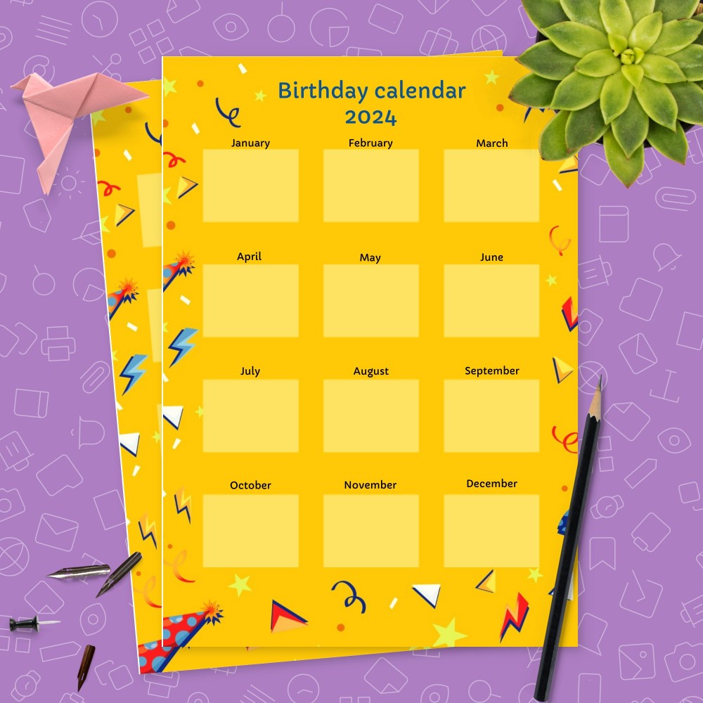 Download Printable Colorful Yellow Birthday Calendar Template