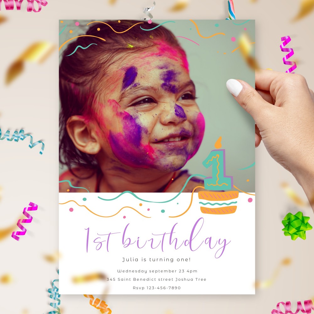 Customize and Download Confetti Stripes Girl First Birthday Invitation