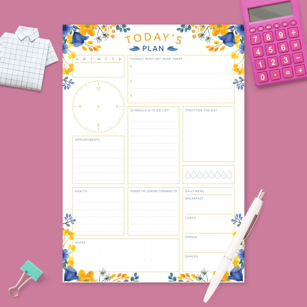 Download Printable Daily Planner - Blue and Yellow Flowers Template