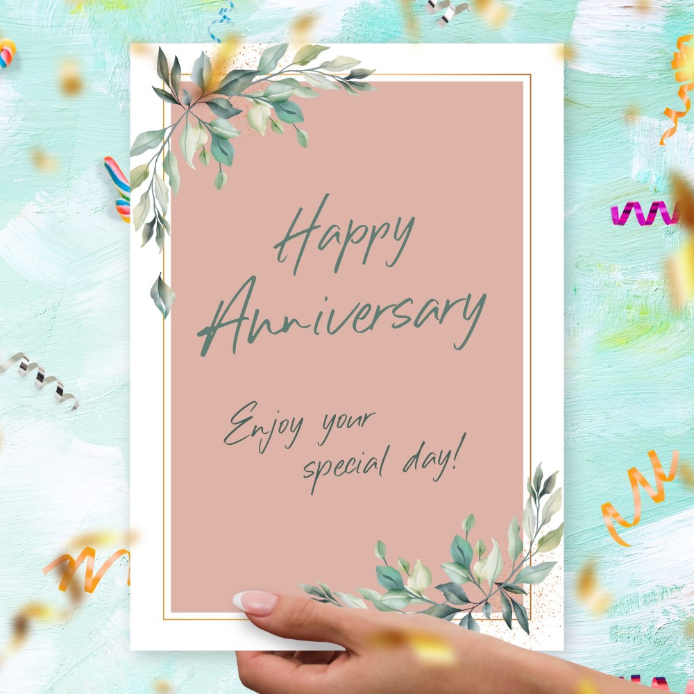 Customize and Download Elegant Greenery Pink Anniversary Card