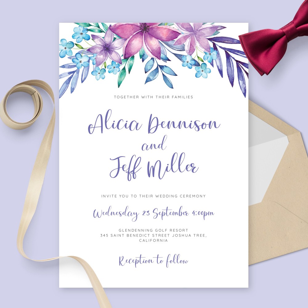 Customize and Download Elegant Watercolor Blue and Purple Flowers Wedding Invitation