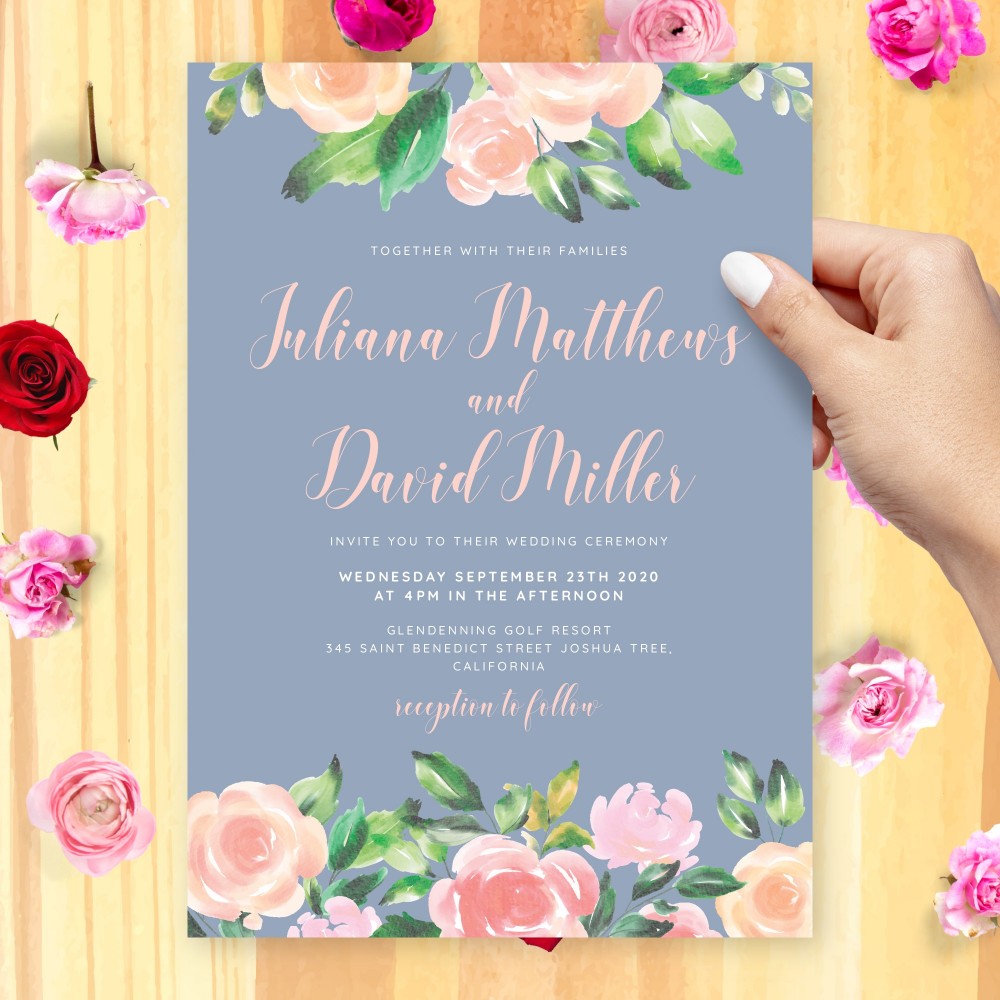 Customize and Download Elegant Watercolor Flowers Blush Blue Wedding Invitation