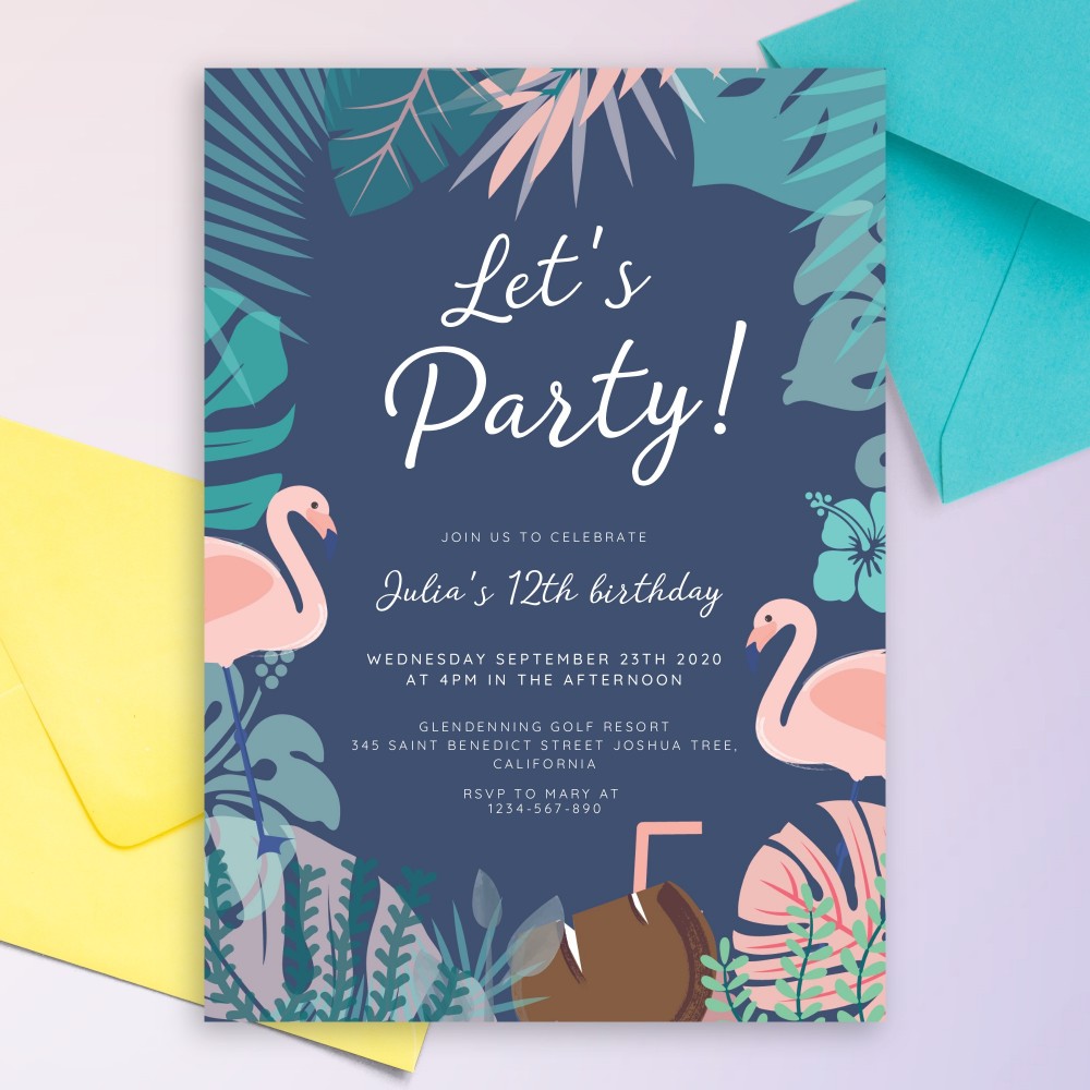Customize and Download Flamingo Tropic Blue Party Invitation