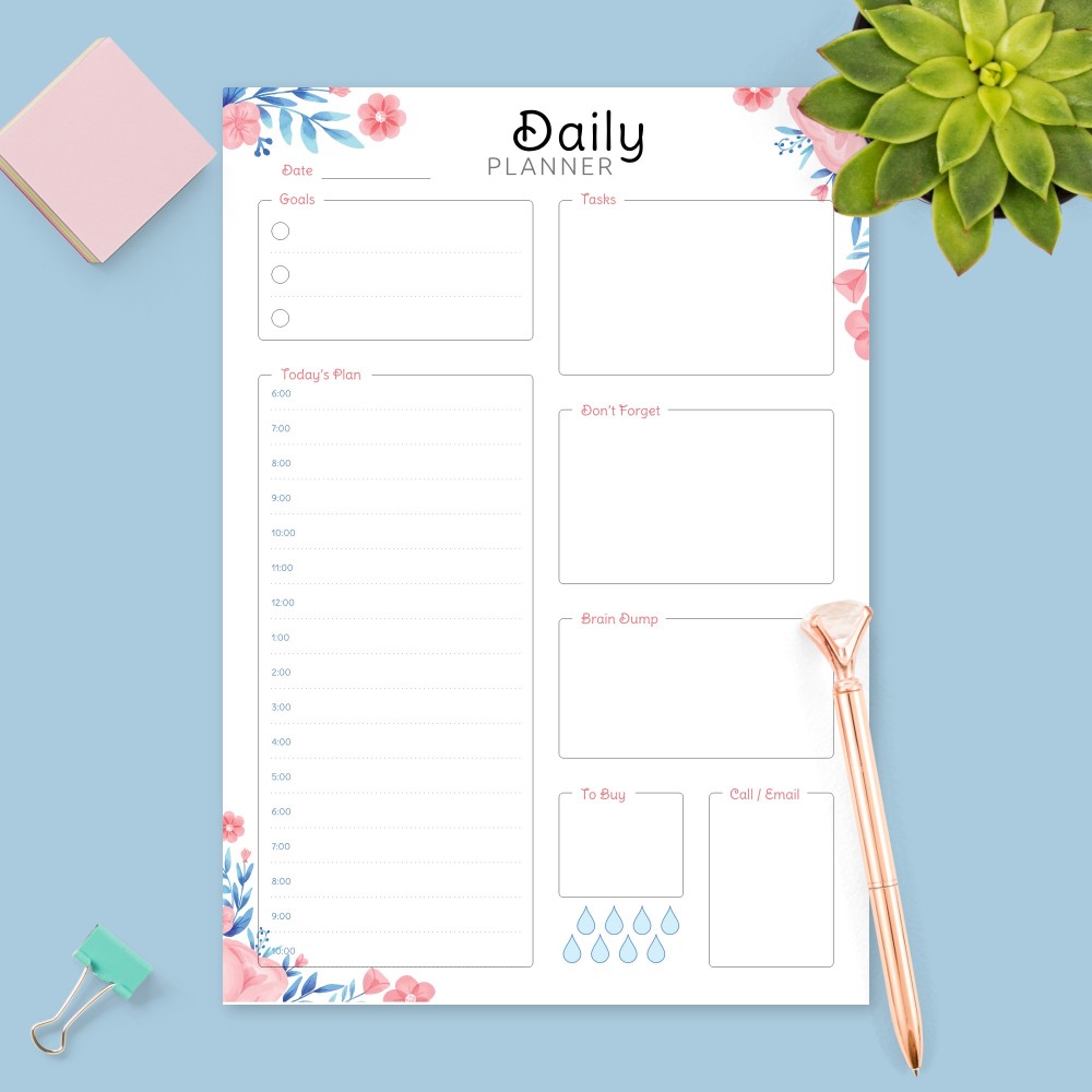 Download Printable Floral Daily Hourly Agenda Template