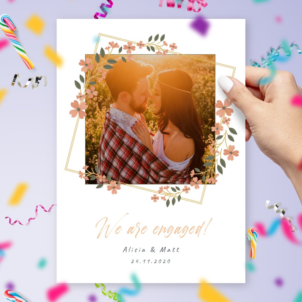 Customize and Download Floral Frame Photo Engagement Announcement Card