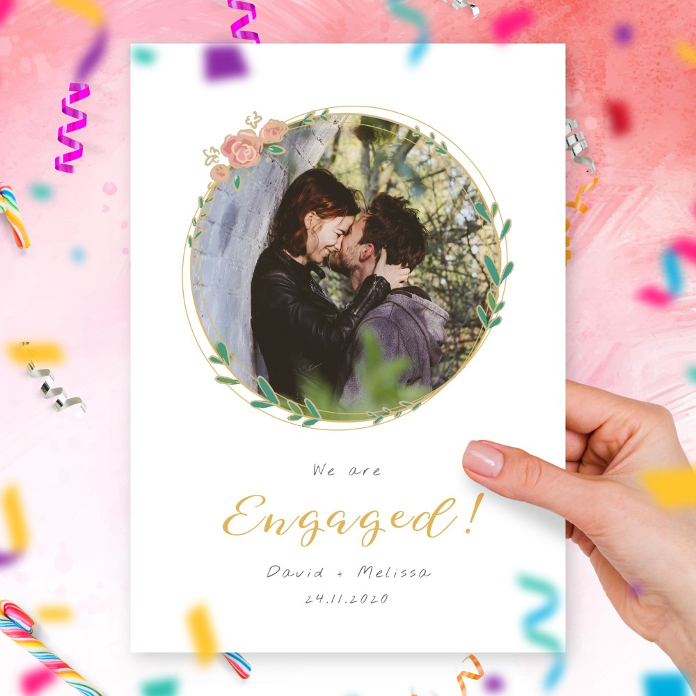Customize and Download Floral Wreath Photo Engagement Announcement Card