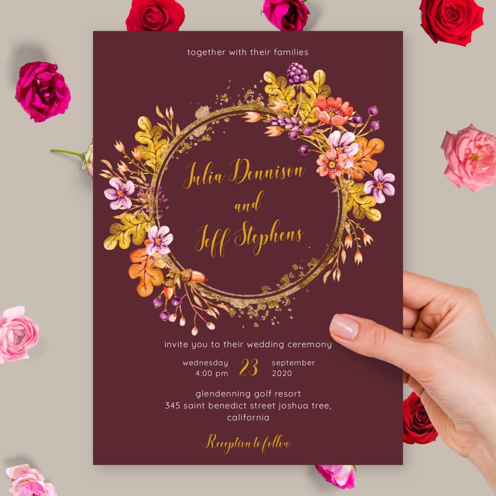 Customize and Download Flower Wreath Burgundy Fall Wedding Invitation