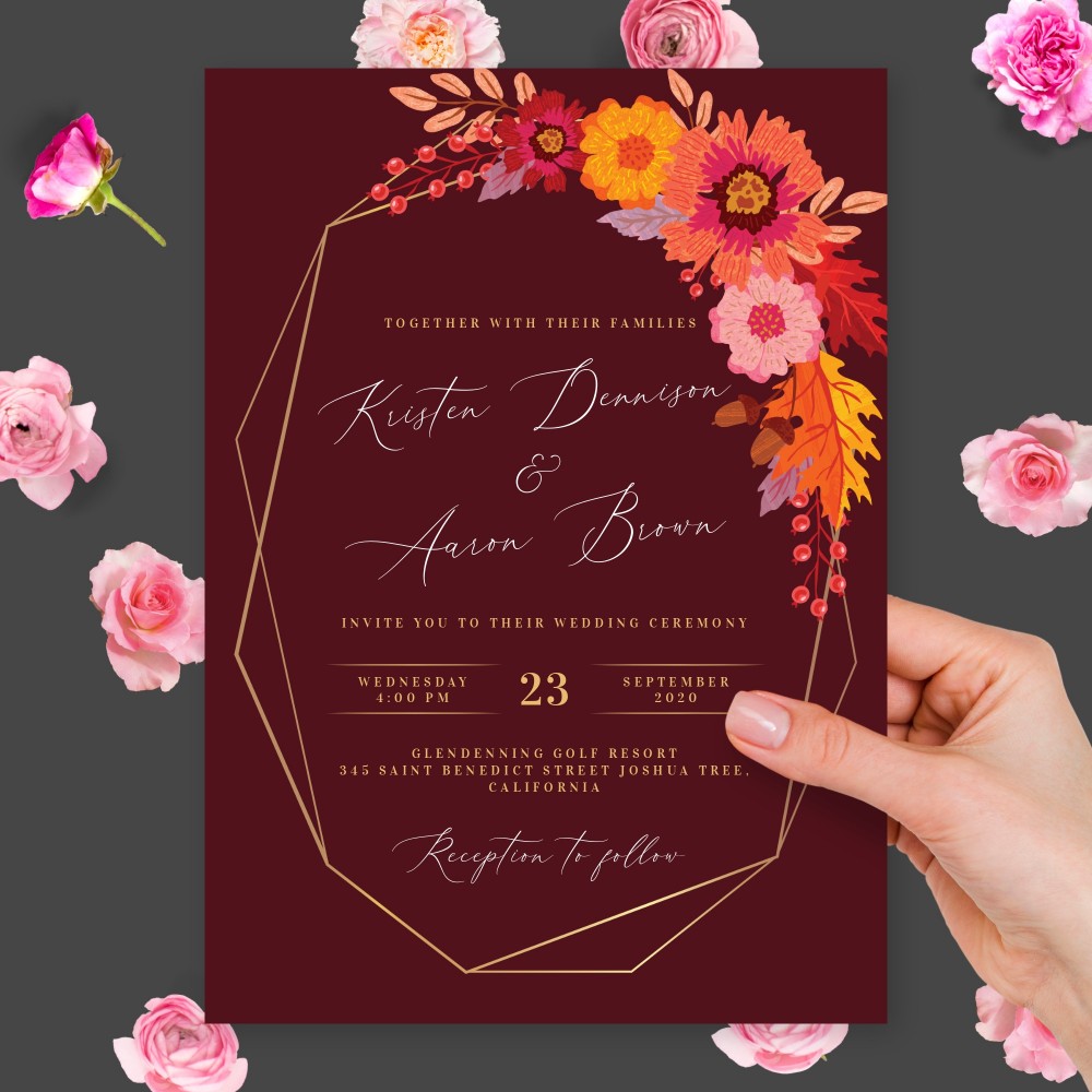 Customize and Download Geometric Floral Fall Wedding Invitation