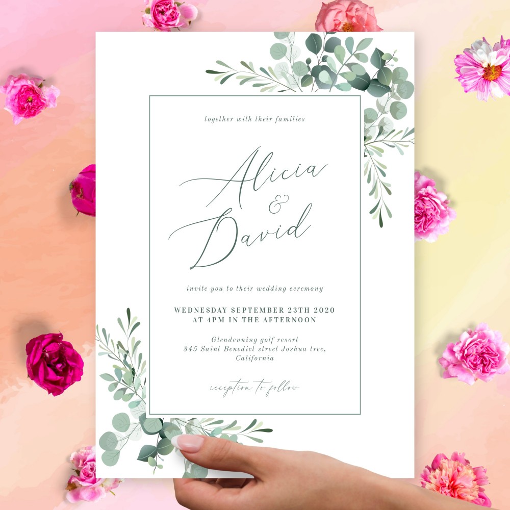 Customize and Download Geometric Soft Greenery Wedding Invitation