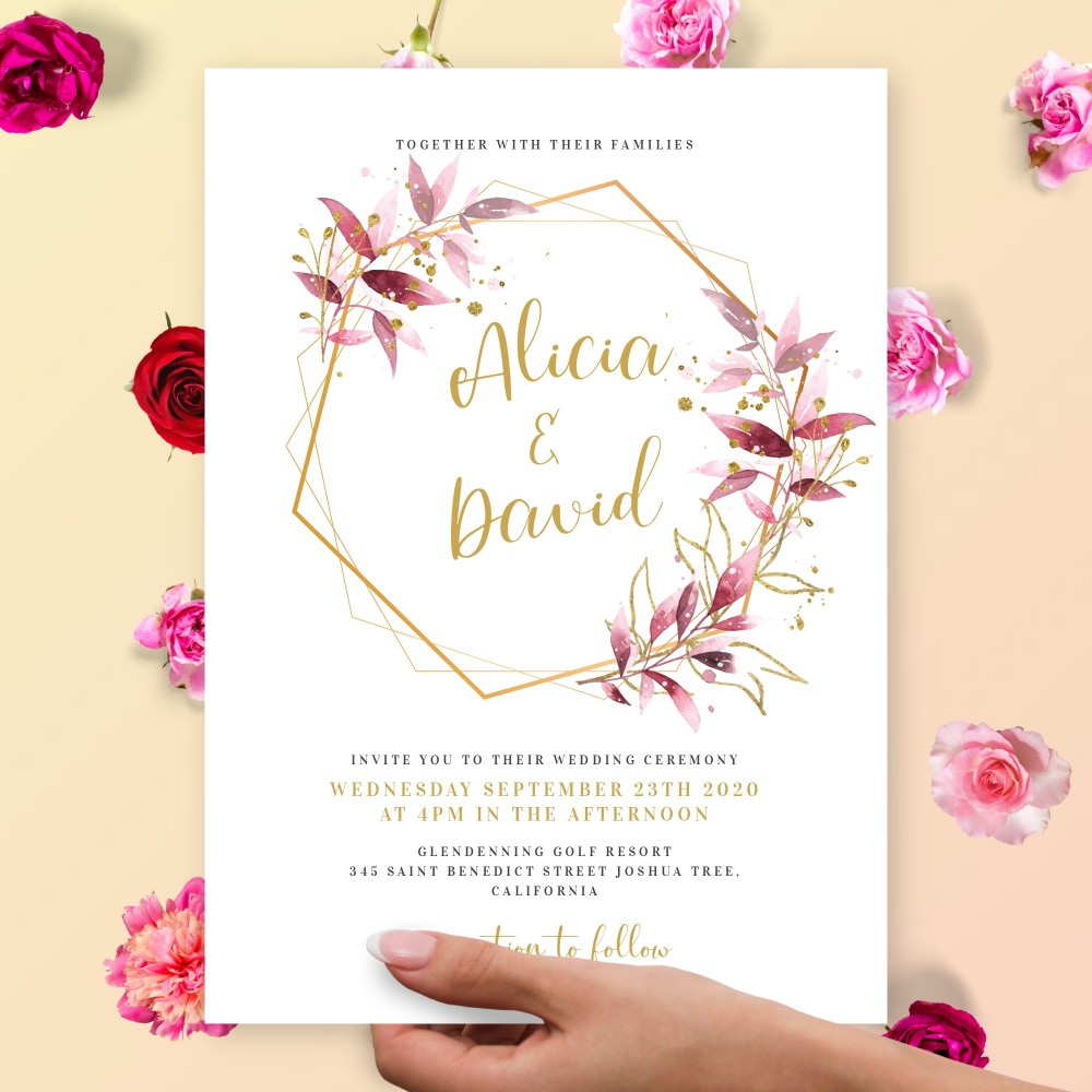 Customize and Download Gold Geometric Floral Wedding Invitation