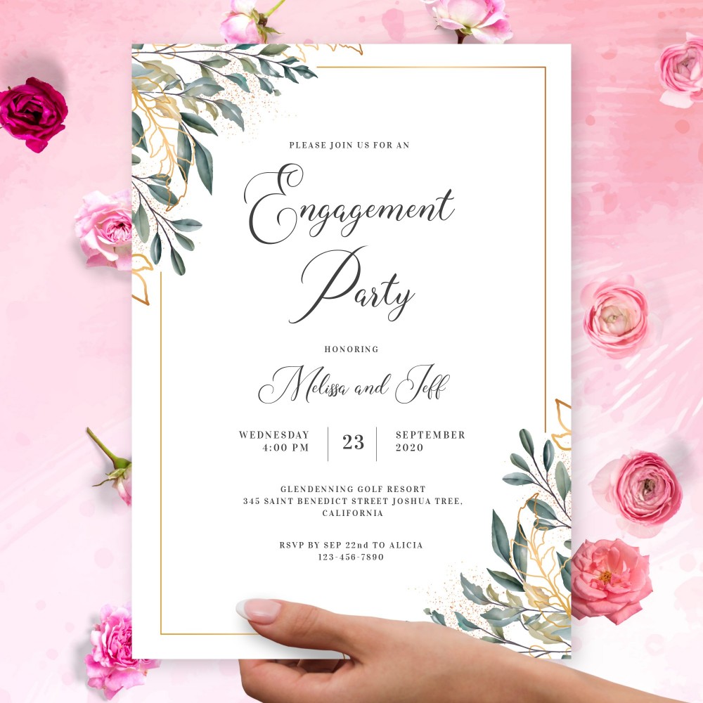 Customize and Download Gold Greenery Elegant Engagement Party Invitation