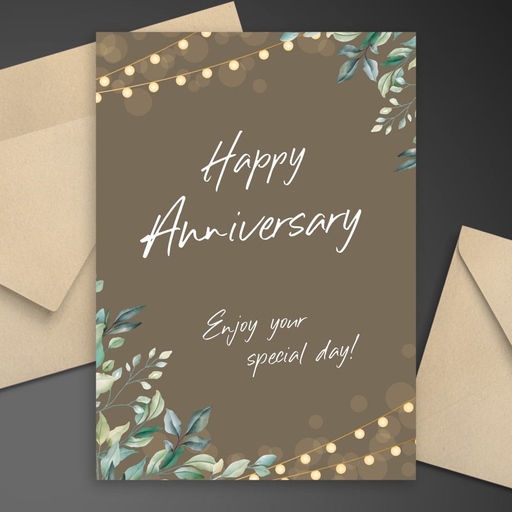 Customize and Download Greenery String Lights Anniversary Card