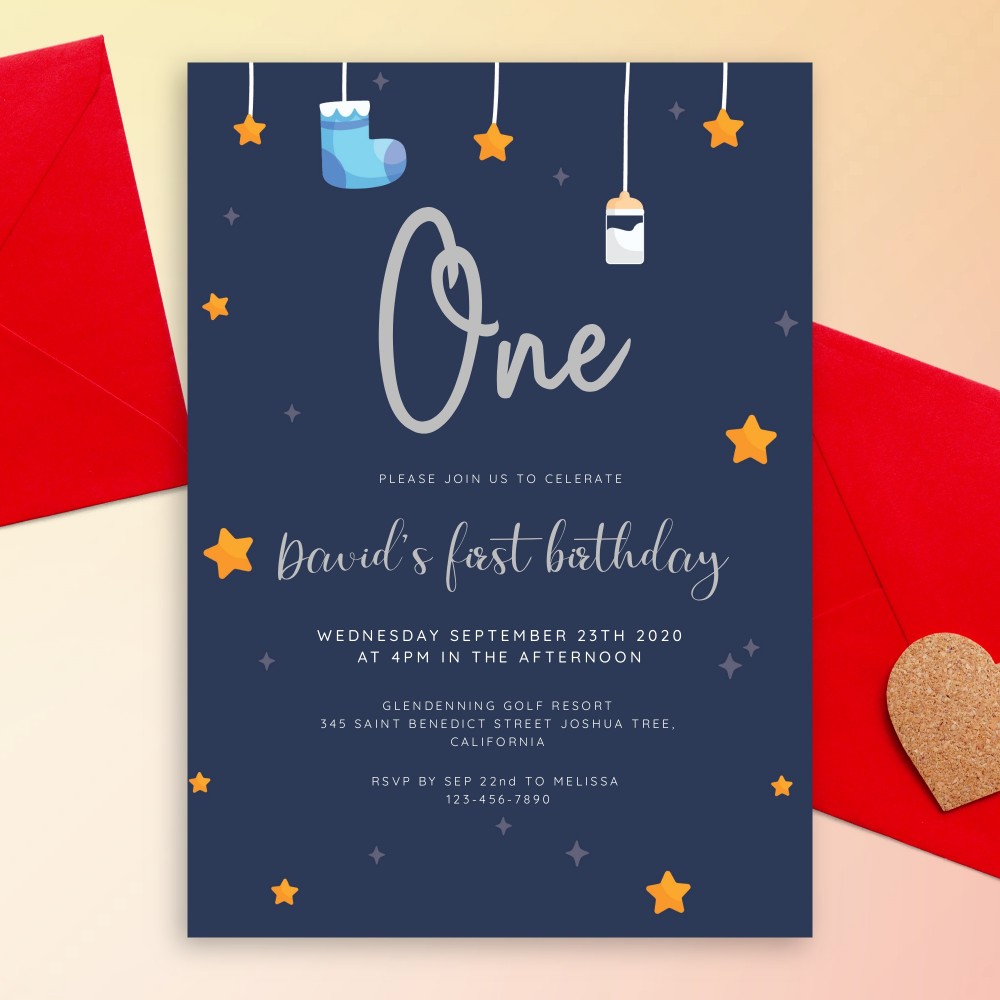 Customize and Download Hanging Stars Navy Blue Baby 1st Birthday Invitation