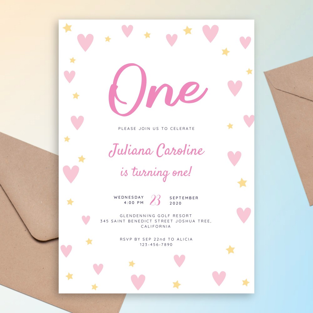Customize and Download Hearts and Stars Pink Baby 1st Birthday Invitation