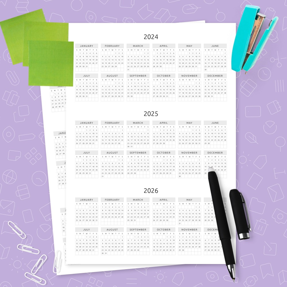 Download Printable Minimalist Three Year Calendar Template Template