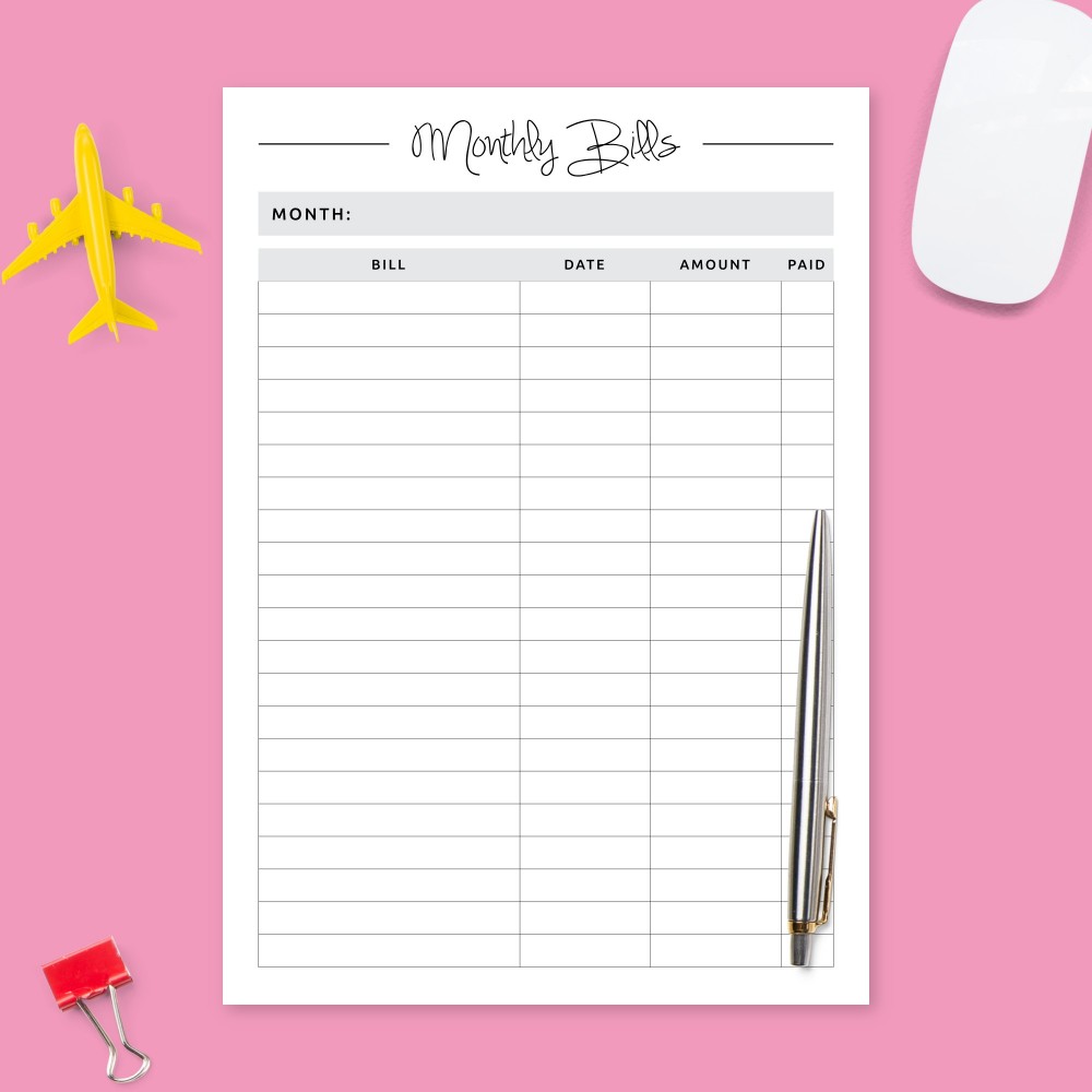 Download Printable Monthly Bill Payments Template