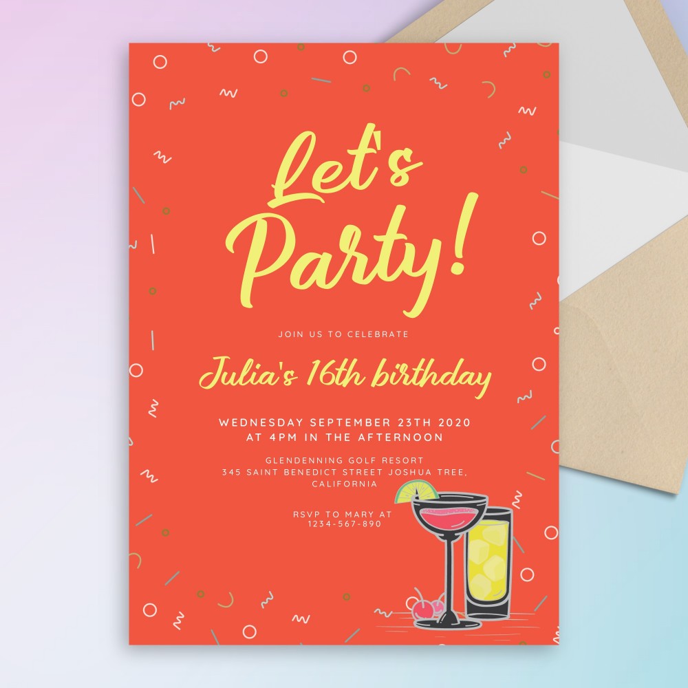 Customize and Download Orange Confetti Cocktail Party Invitation