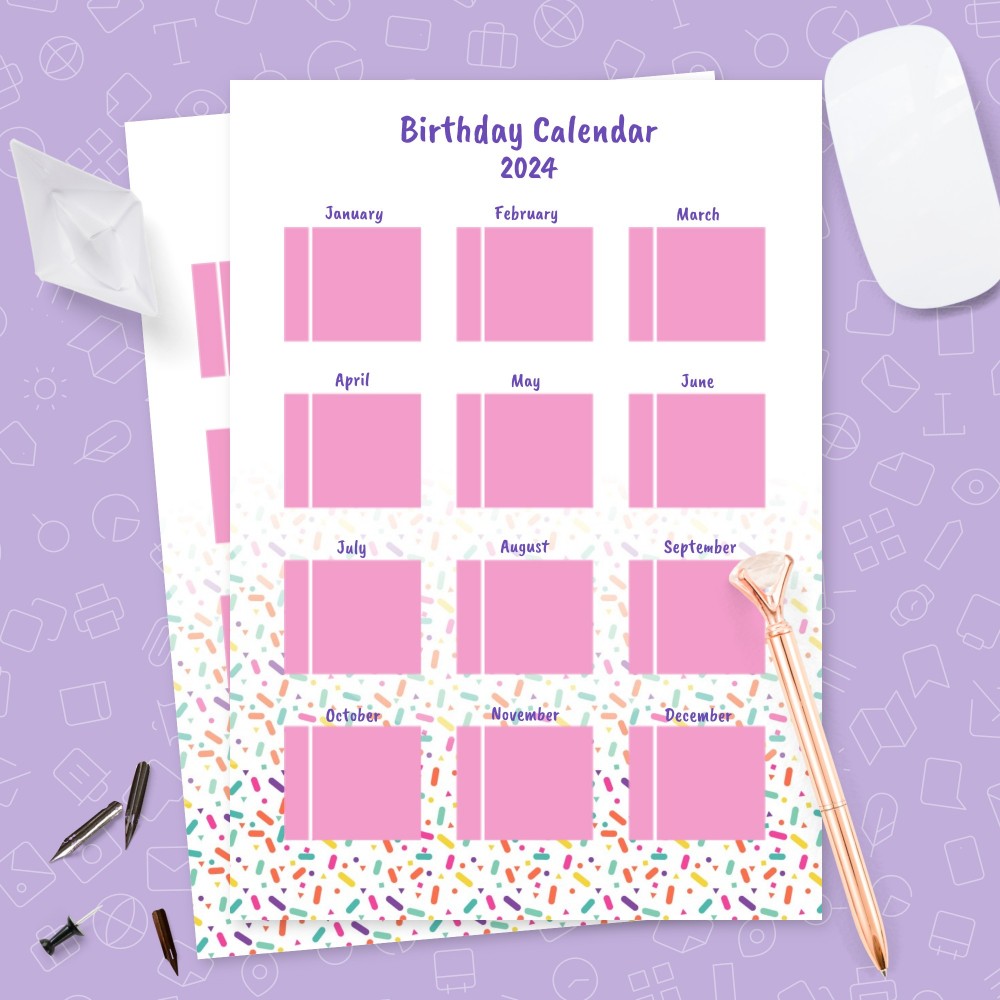 Download Printable Pink and Violet Birthday Calendar Template