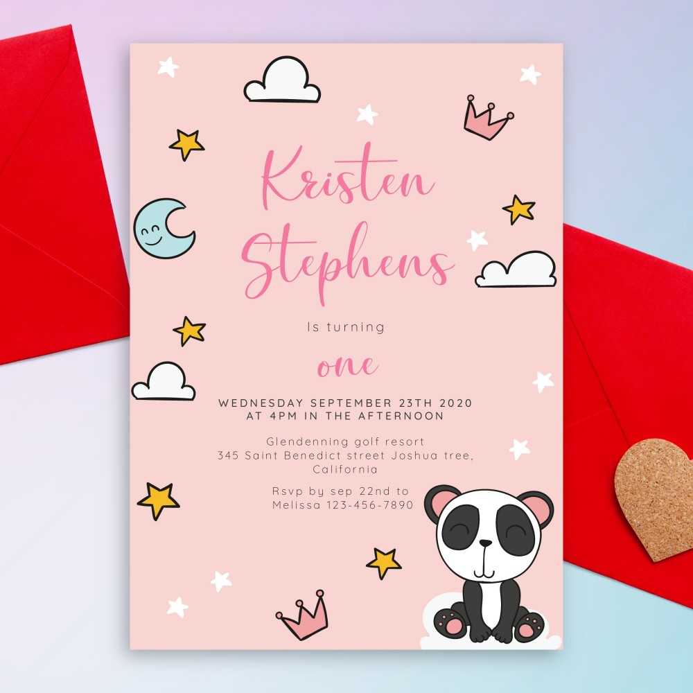 Customize and Download Pink Panda Baby 1st Birthday Invitation