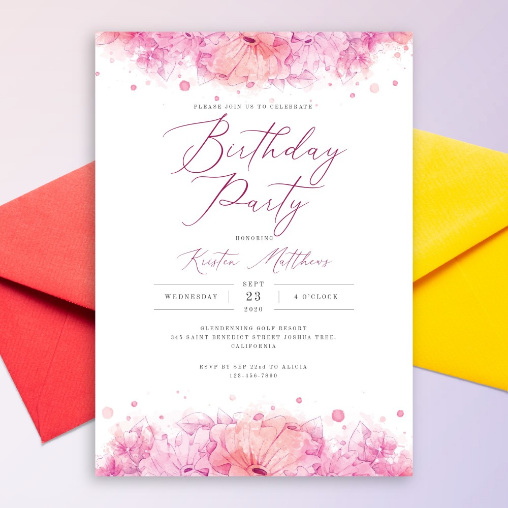 Customize and Download Pink Watercolor Floral Birthday Invitation