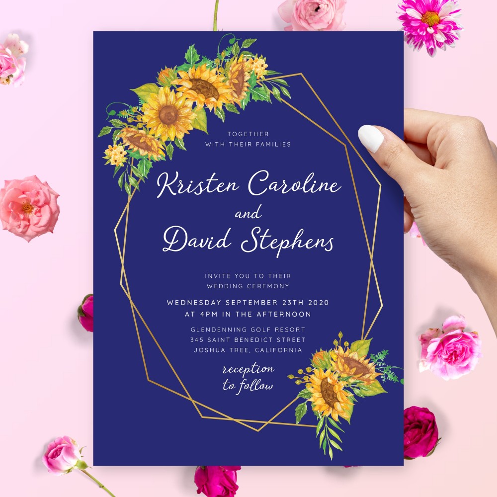 Customize and Download Rustic Sunflower Blue Geometric Wedding Invitation