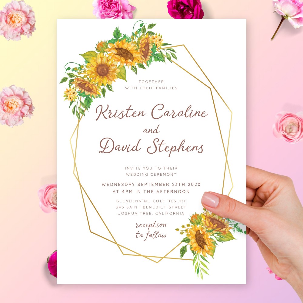 Customize and Download Rustic Sunflower Geometric Wedding Invitation