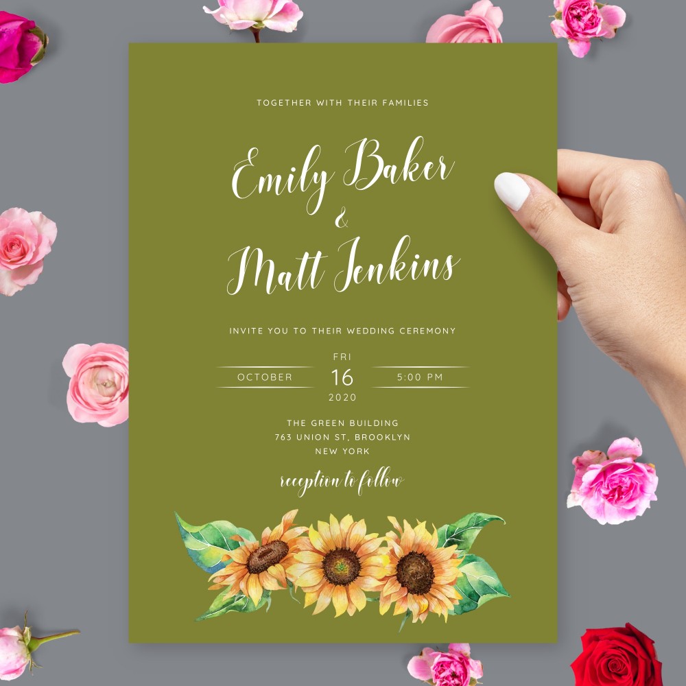 Customize and Download Rustic Sunflower Olive Wedding invitation