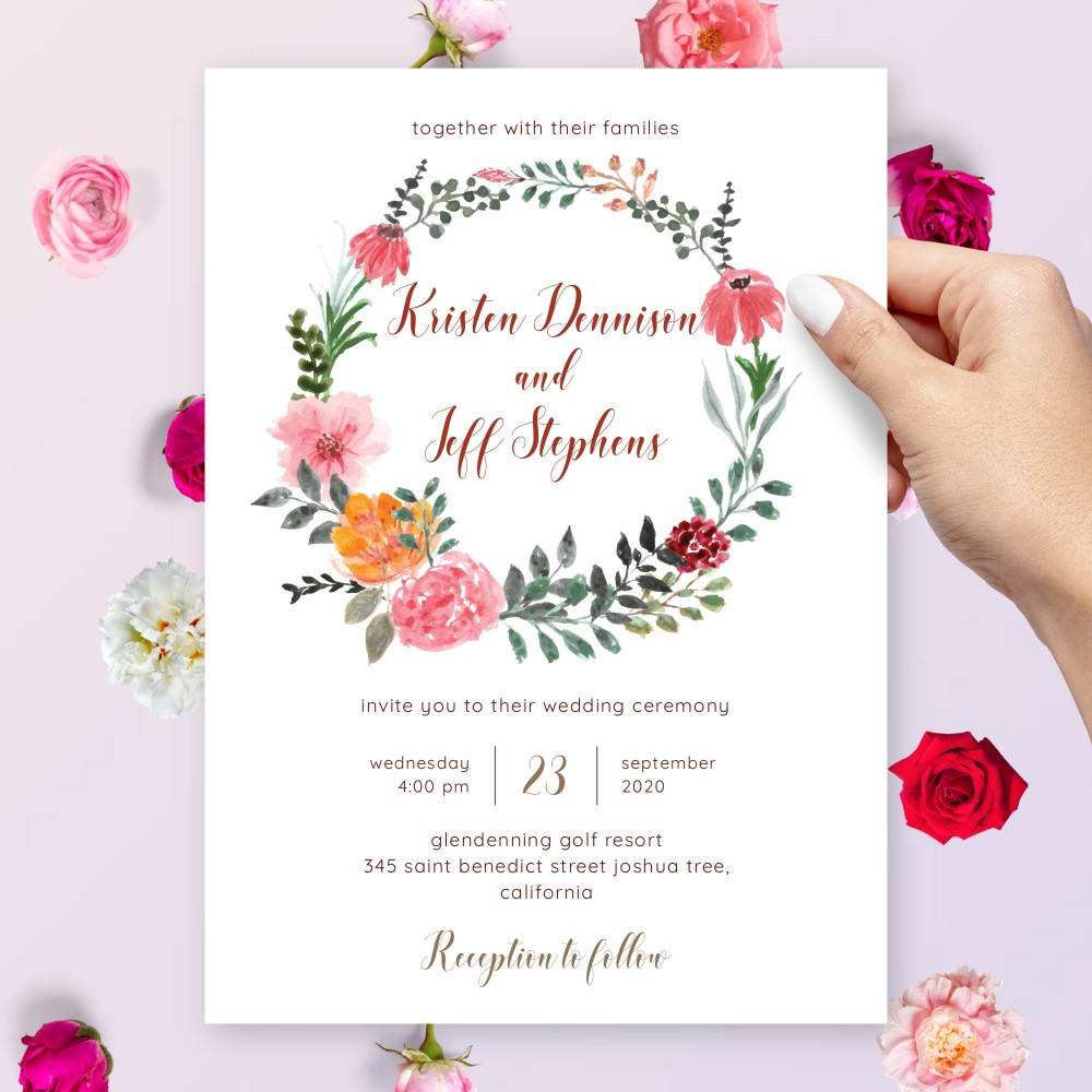 Customize and Download Rustic Watercolor Floral Wreath Wedding Invitation