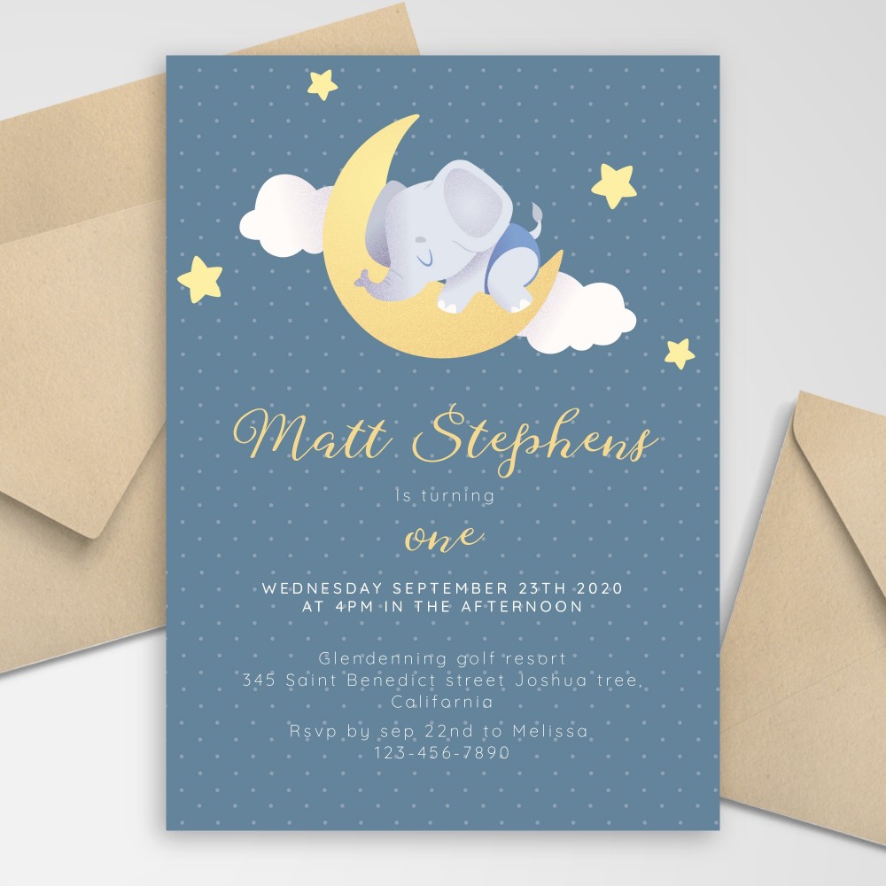 Customize and Download Sleeping Elephant Blue Baby 1st Birthday Invitation