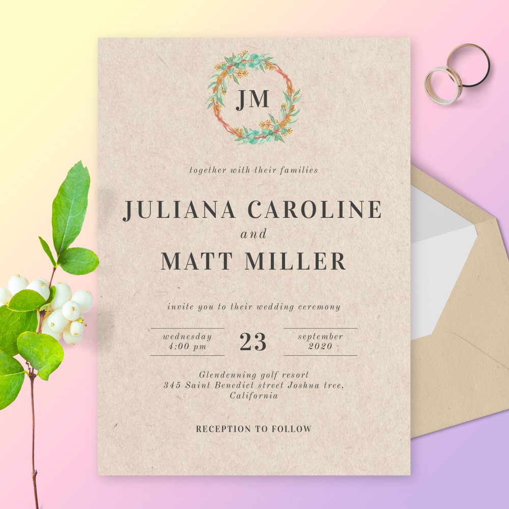 Customize and Download Vintage Boho Green and Gold Wreath Wedding Invitation