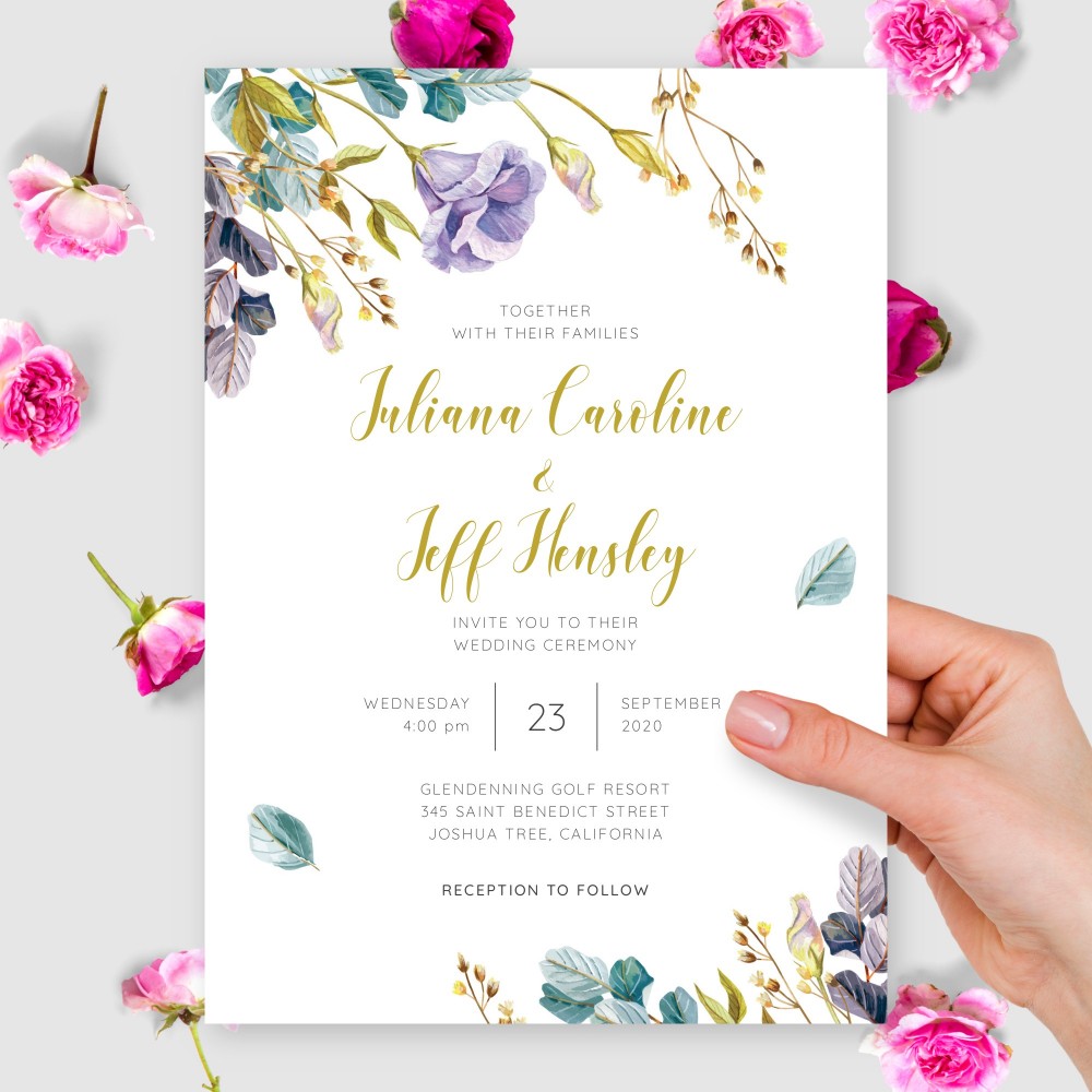 Customize and Download Violet and Gold Flowers Wedding Invitation