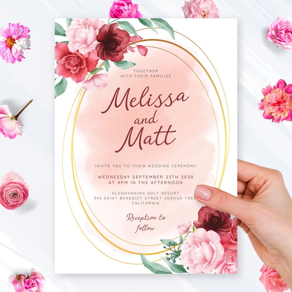 Customize and Download Watercolor Roses and Gold Geometric Wedding Invitation