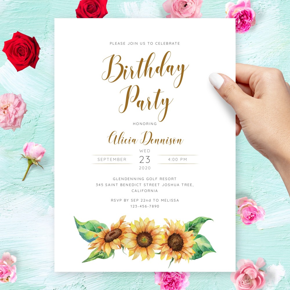 Customize and Download Watercolor Sunflower Birthday Invitation