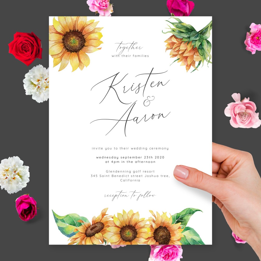 Customize and Download Watercolor Sunflowers Elegant Calligraphy Wedding Invitation