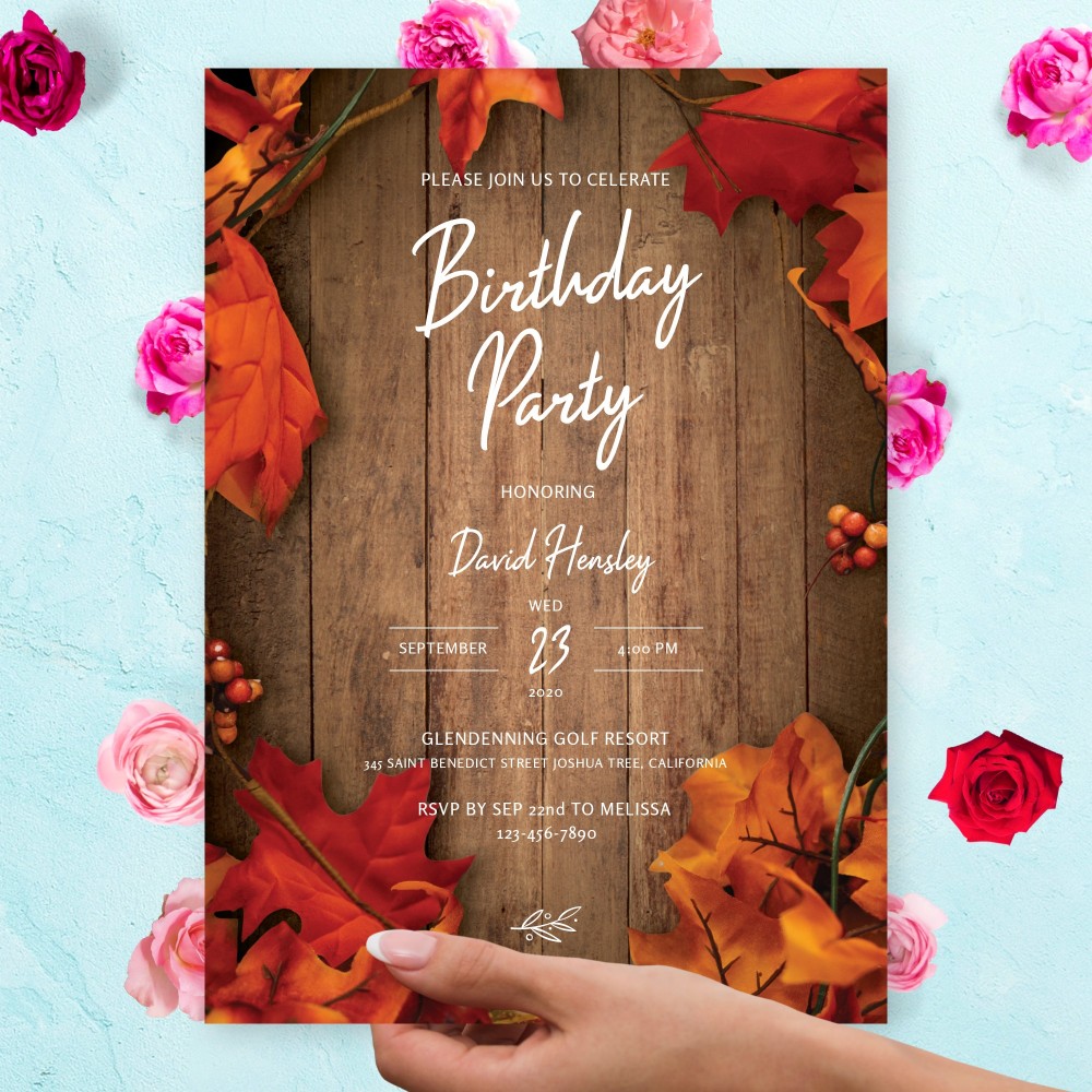 Customize and Download Wooden Barn Fall Leaves Birthday Invitation